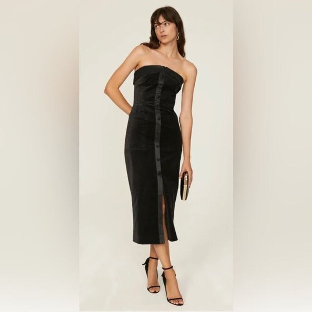 RTR SALONICarina Dress Black Strapless Formal Size 12 MIDI velvet LBD pockets